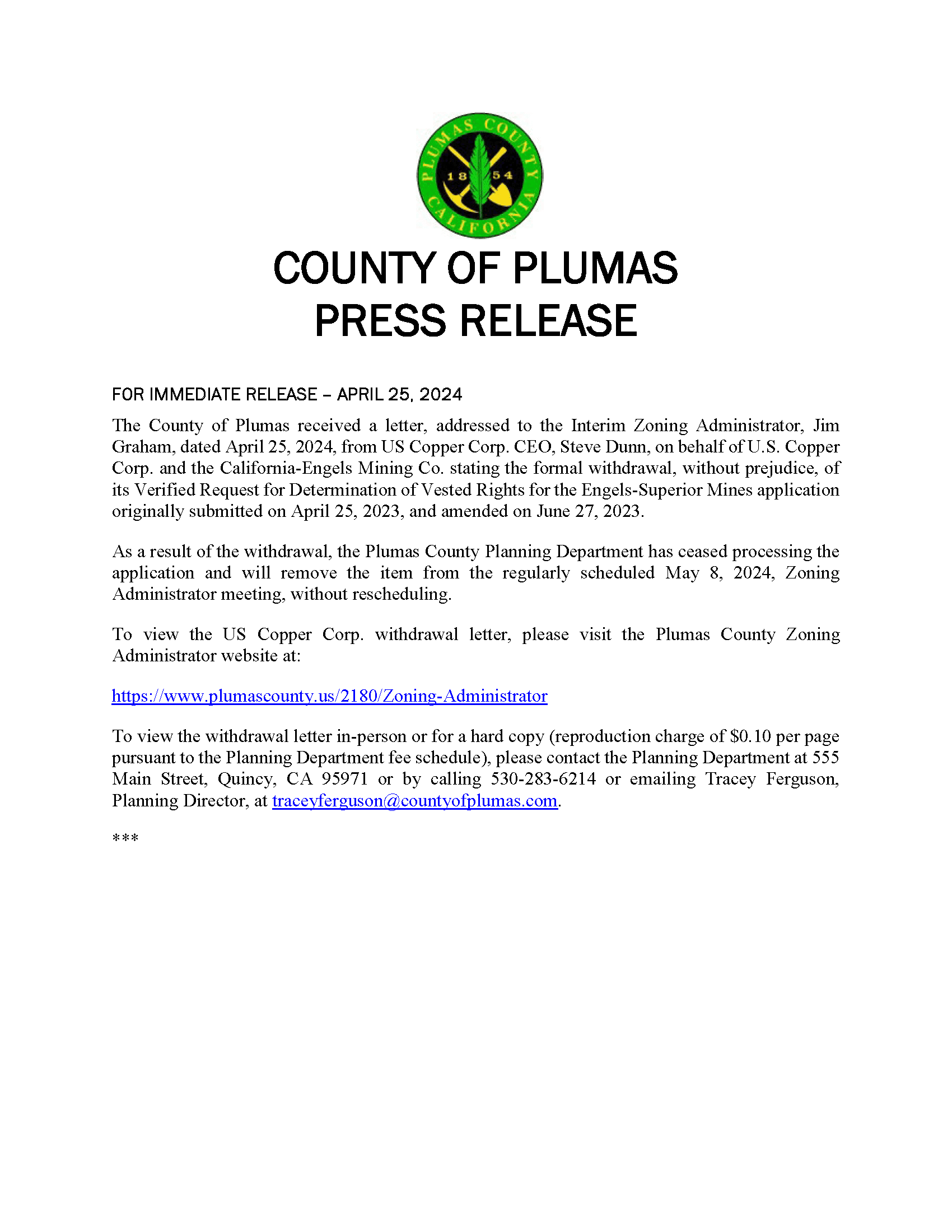 4-25-24 PLUMAS CO PRESS RELEASE_US COPPER VESTED RIGHTS APP WITHDRAWN