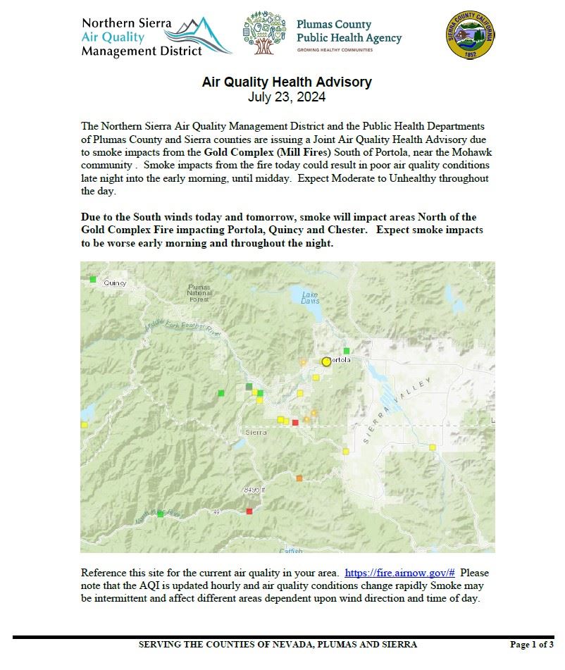 Health Advisory - 2024 Plumas Co Fire Gold Complex (Mill Fire) pg 1