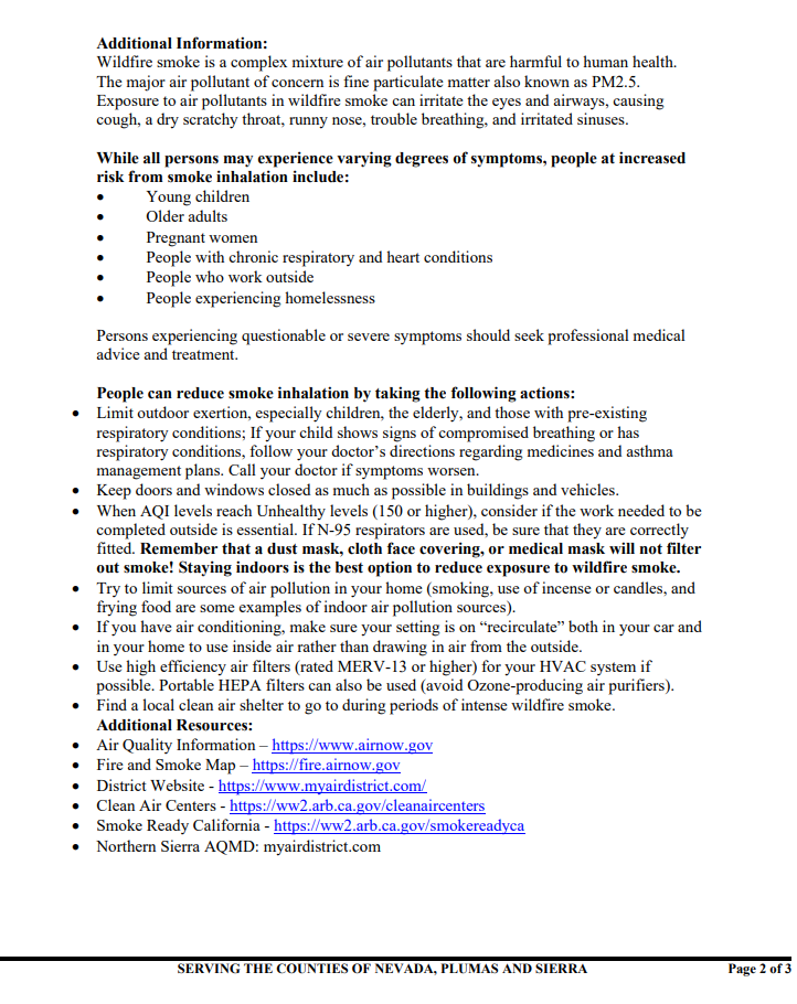 NORTHERN SIERRA AIR QUALITY MANAGEMENT DISTRICT Health Advisory Bear Fire Sept 5 2024 pg 2